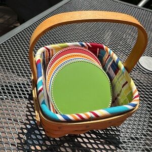 Longaberger Coaster Tote Basket, Sunny Day Stripe Liner, Protector & 4 Coasters